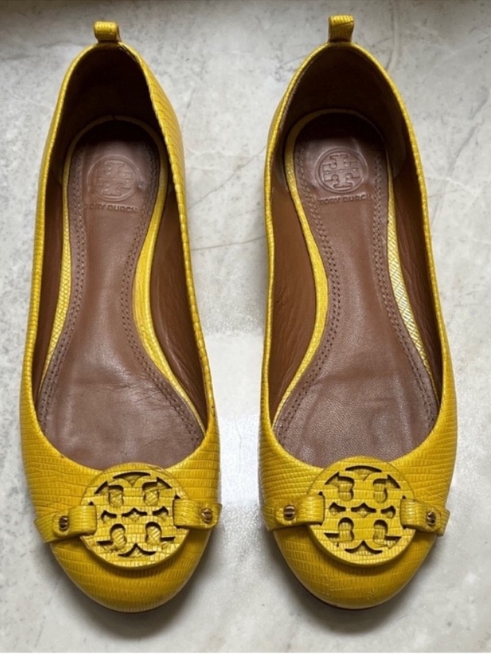 Tory Burch • Women’s 7.5 • Mini Miller Reptile Ballet Flats • Mustard Yellow